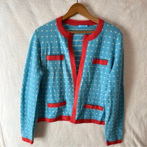 J. McLaughlin 100% Cashmere Dottie Seabreeze Cardigan Blue & Coral polka dot - Picture 1 of 5